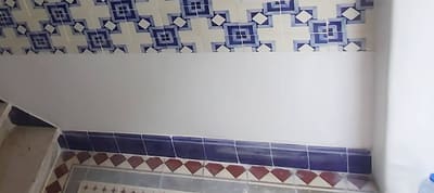 Parede revestida a azulejo azul de padrão, limpa e recuperada, sobre pavimento em mosaico.